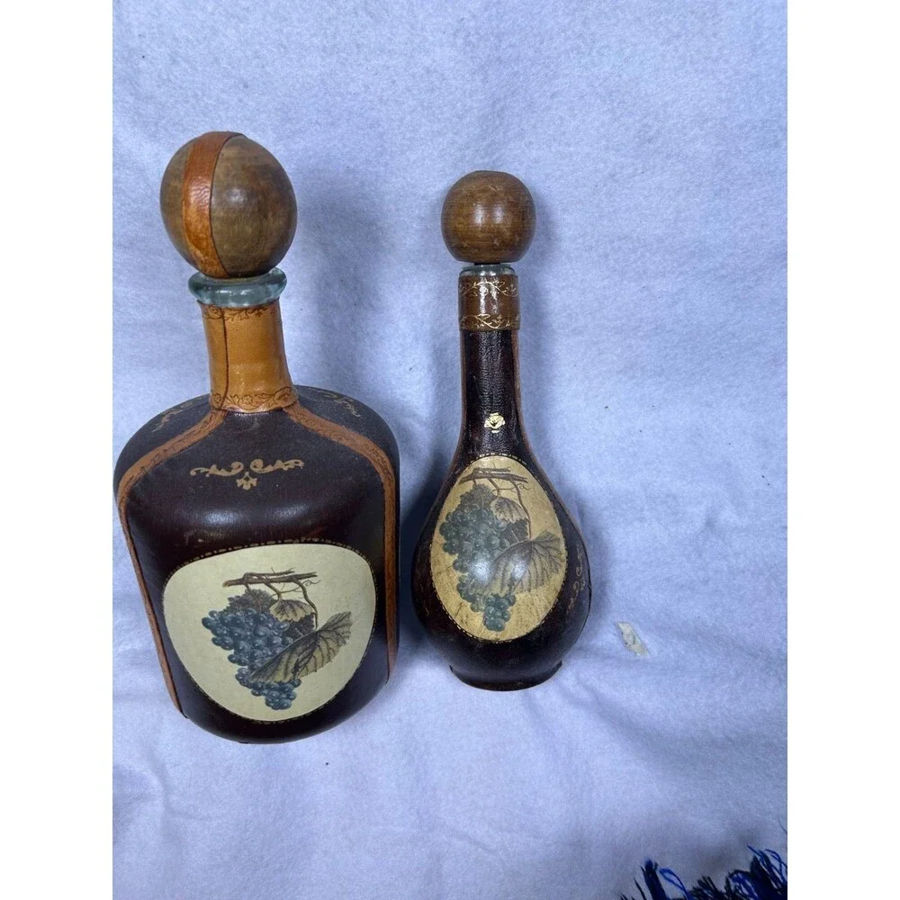 Two Vintage Italian brown Leather Covered Wine Bottle Bar Decanter Made In Italy